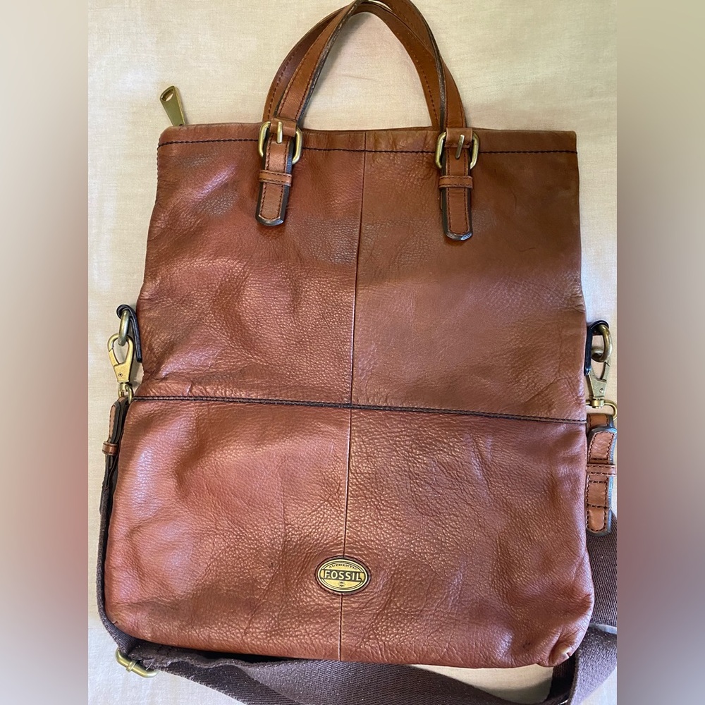 FOSSIL Leather Foldover Shoulder Crossbody Bag Tote Messanger - Picture 3 of 13